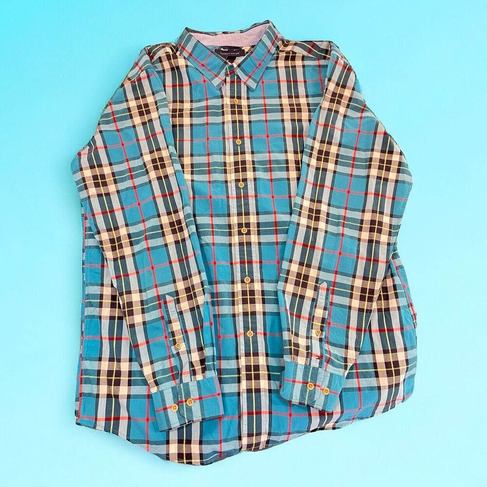 Tommy Hilfiger Shirt Mens XL Teal Blue Red Plaid Casual Button Up Long Sleeve